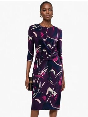 ELIZA J Purple Floral Draped Midi Sheath Dress Size 6